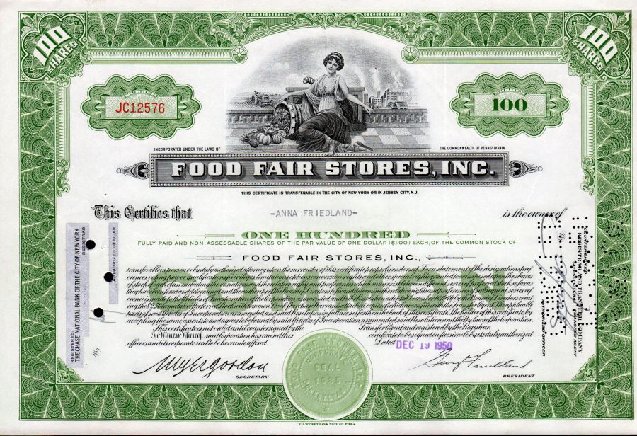 Food Fair Stores Stock Certificate, 1950s
